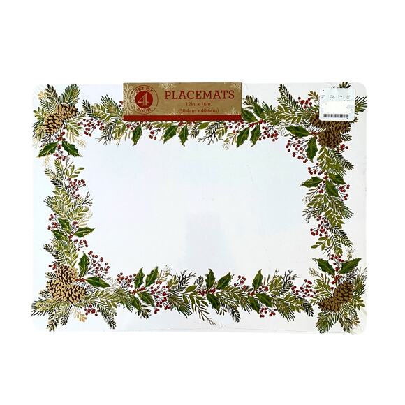 Christmas Cork Backed Hard Placemats Holiday Holly & Pine Garland Set of 4 New - Picture 1 of 9